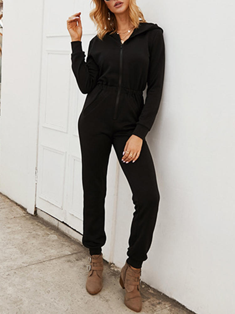 Pure Color Zipper Loose Casual Overalls Jumpsuit