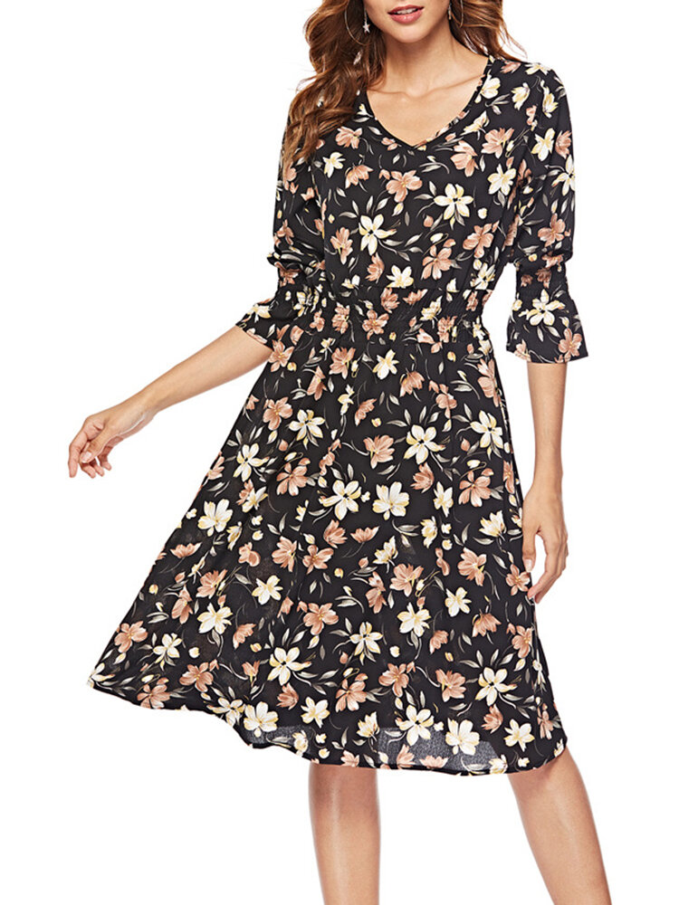 Long Sleeved V-neck Floral Print Chiffon Mini Dress