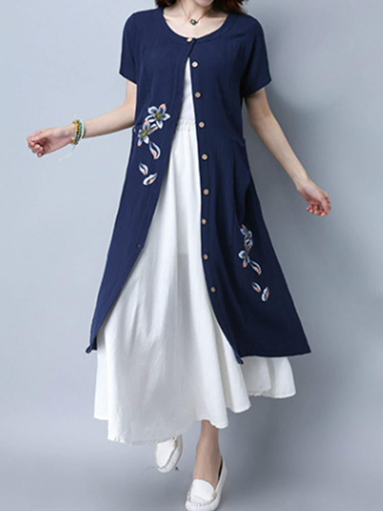 Women Short Sleeve Floral Print Loose Cardigan Buttons Pocket Dr