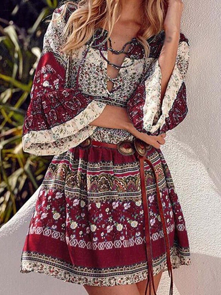 Women Bohemia Print Beach V-Neck Mini Dress