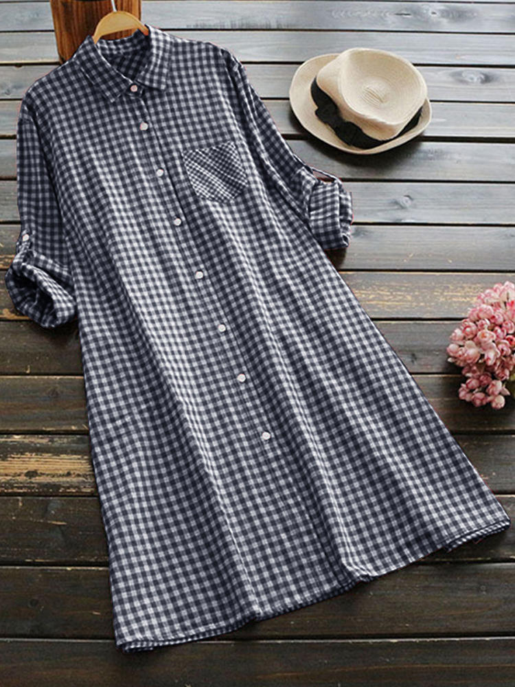 S-5XL Women Vintage Turn-Down Collar Plaid Blouse