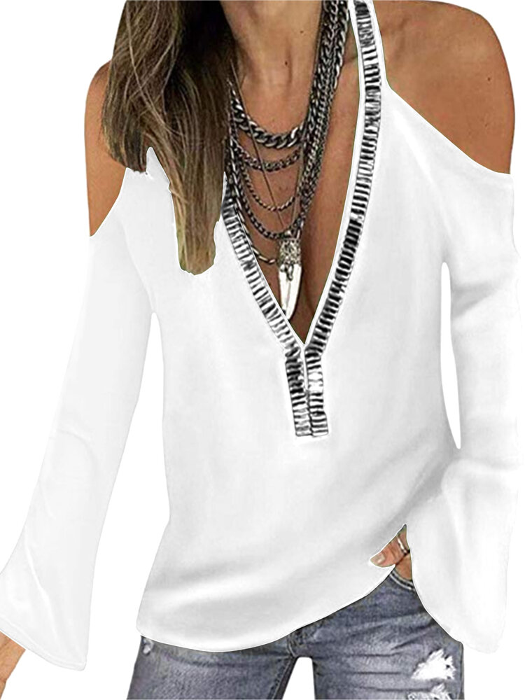 Women Solid Color Halter V-Neck Flare Sleeve Sequined Off Should