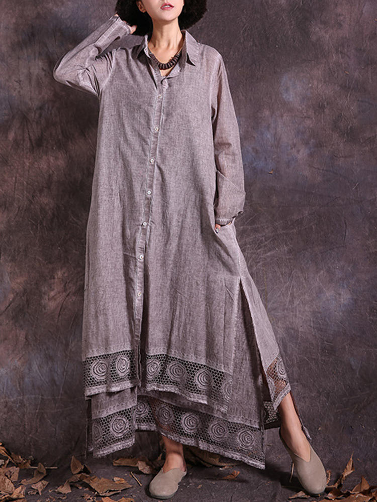 Women Vintage Cotton Linen Lace Patchwork Button Dress
