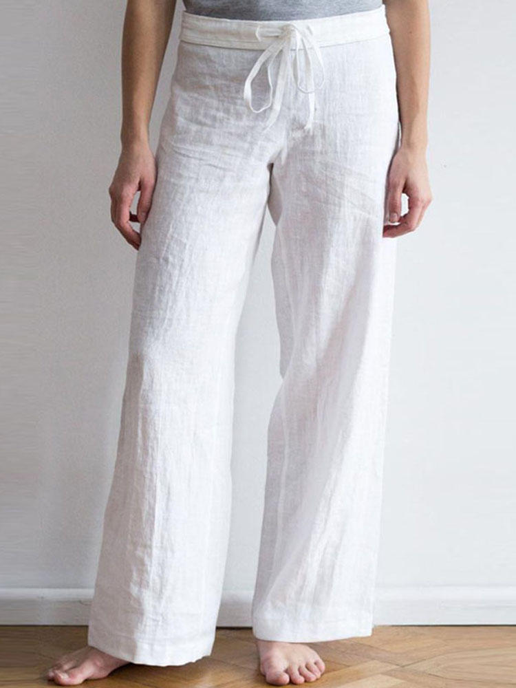 Women Elastic Waist Pockets Long Cotton Wide Leg Pants