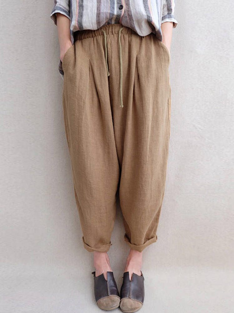 S-5XL Women Pure Color Drawstring Elastic Waist Cotton Linen Pan