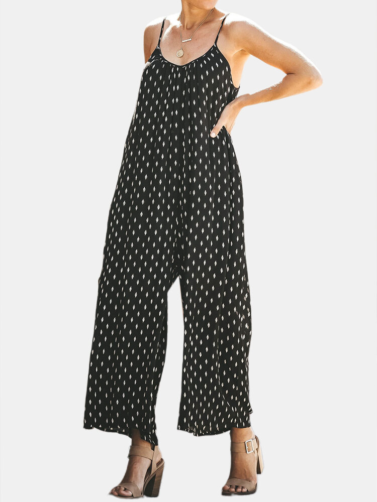 Summer Sleeveless Straps Print Maxi Jumpsuit Overalls For Women