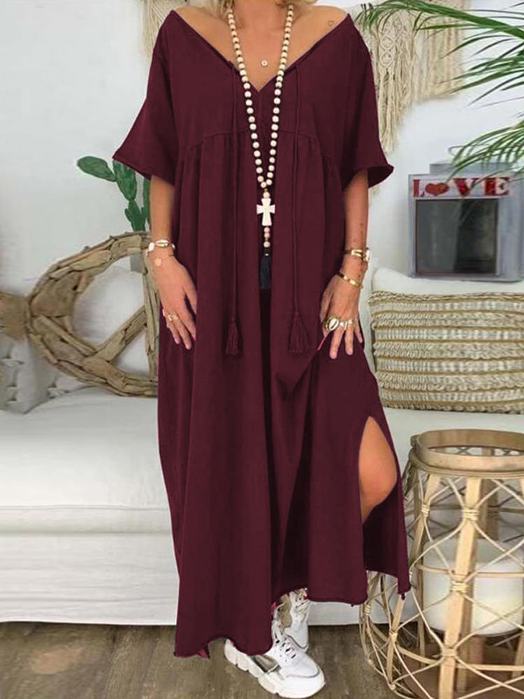Women Short Sleeve V-Neck Casual Loose Long Baggy Maxi Dress