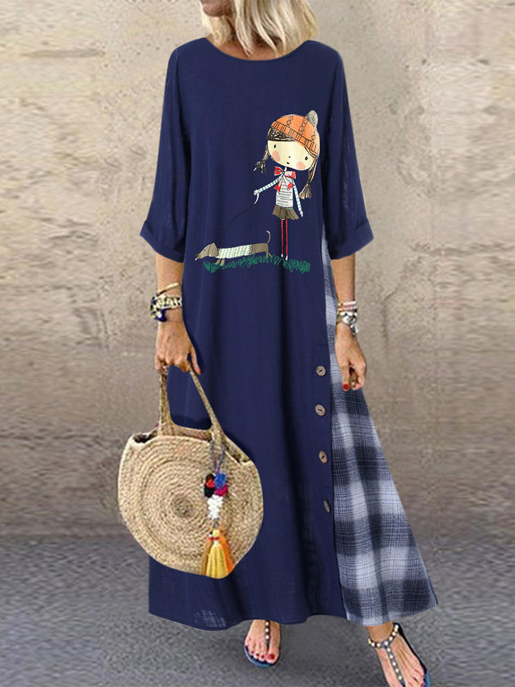 Women Button Cartoon Plaid Patchwork High Low Hem Casual Dress