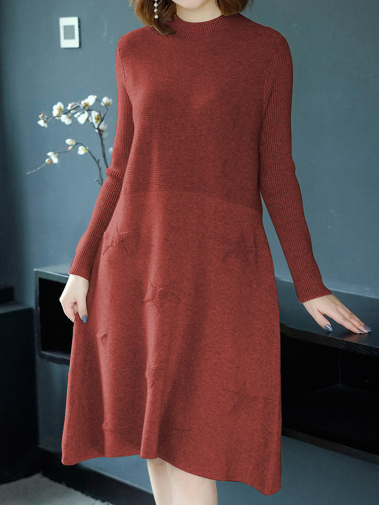 Women Pure Color High Collar Long Sleeve Knitting Dress