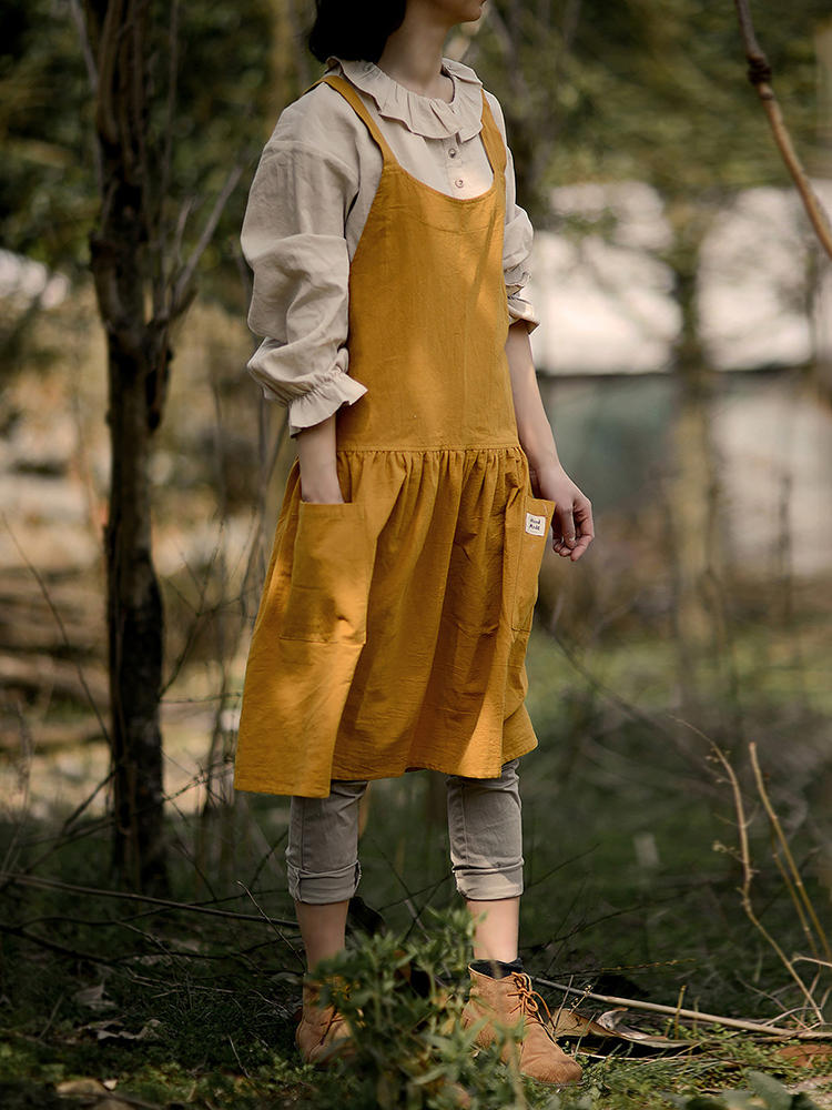 Vintage Sleeveless Straps Pocket Back Cross Apron Dress