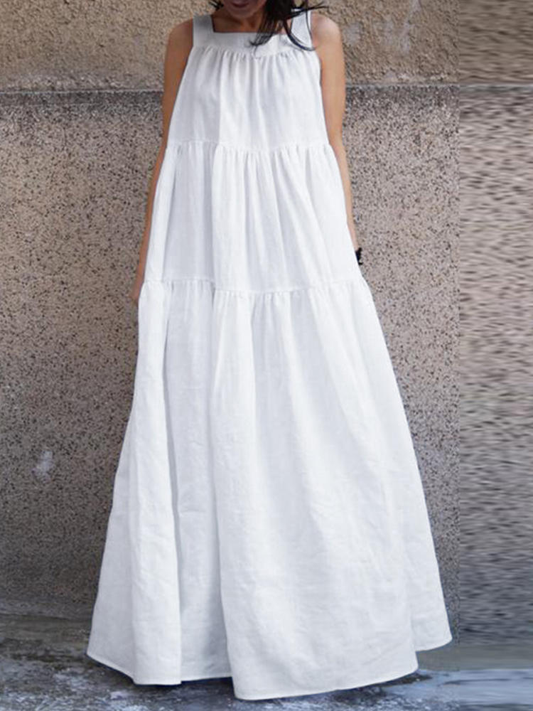 Women Sleeveless O-neck Loose Swing Maxi Casual Dress