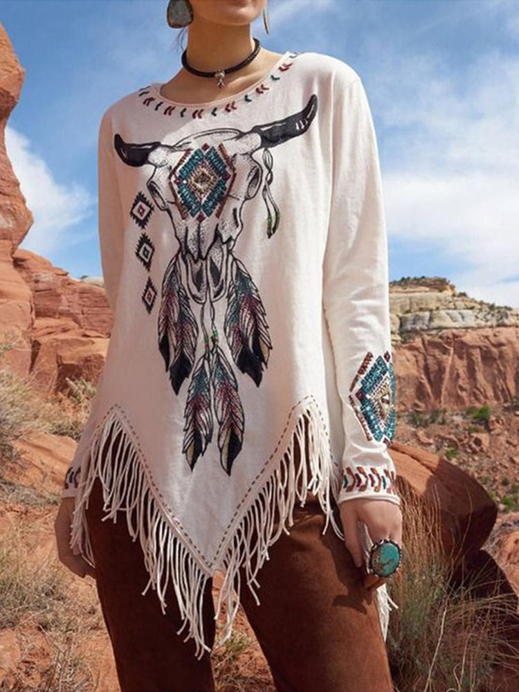Cotton-blend V-neck Long Sleeve Print Shirts