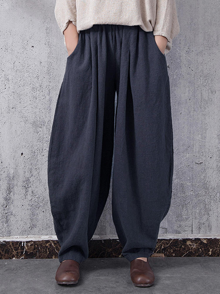 Casual Women Solid Color Pocket Elastic Waist Pants
