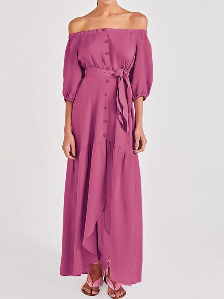 Women Off Shoulder Irregular Split Hem Dress with Belt