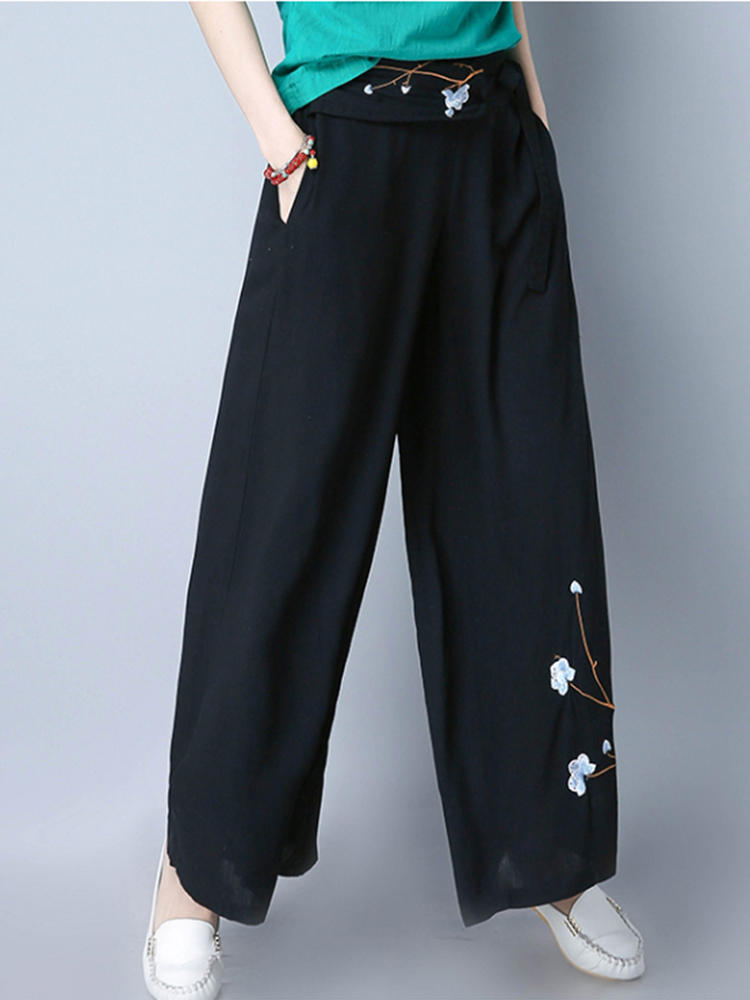 Folk Style Embroidery Loose Casual Wide Leg Pants