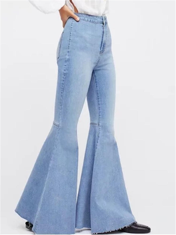 Vintage High Waist Stretchy Flared Denim Trousers Pants