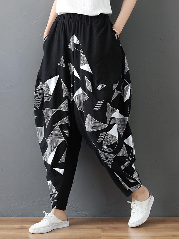Women Casual Floral Print High Elastic Waist Pants