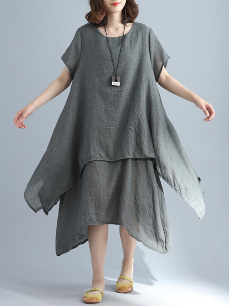 Women Cotton Linen Solid Color Short Sleeve Layer Irregular Hem