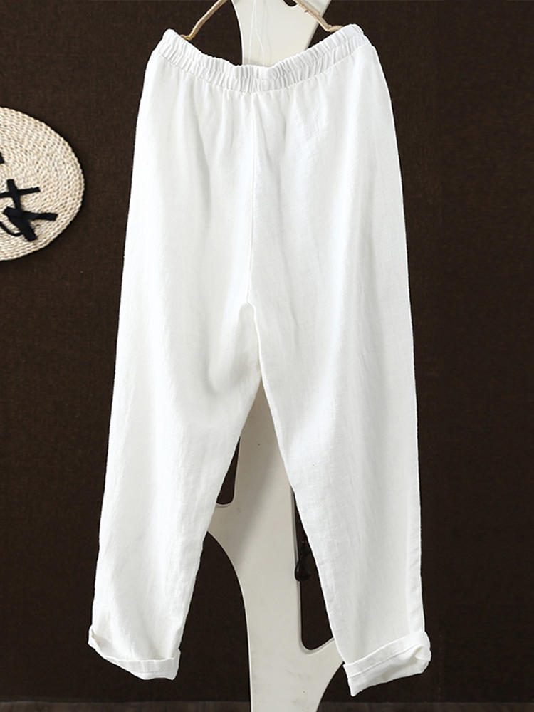 Women Retro Elastic Waist Pockets Loose Harem Pants