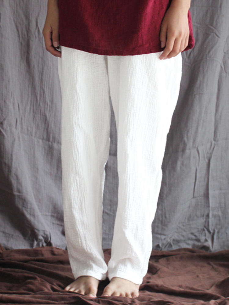 Women Vintage Elastic High Waist Pure Color Pants
