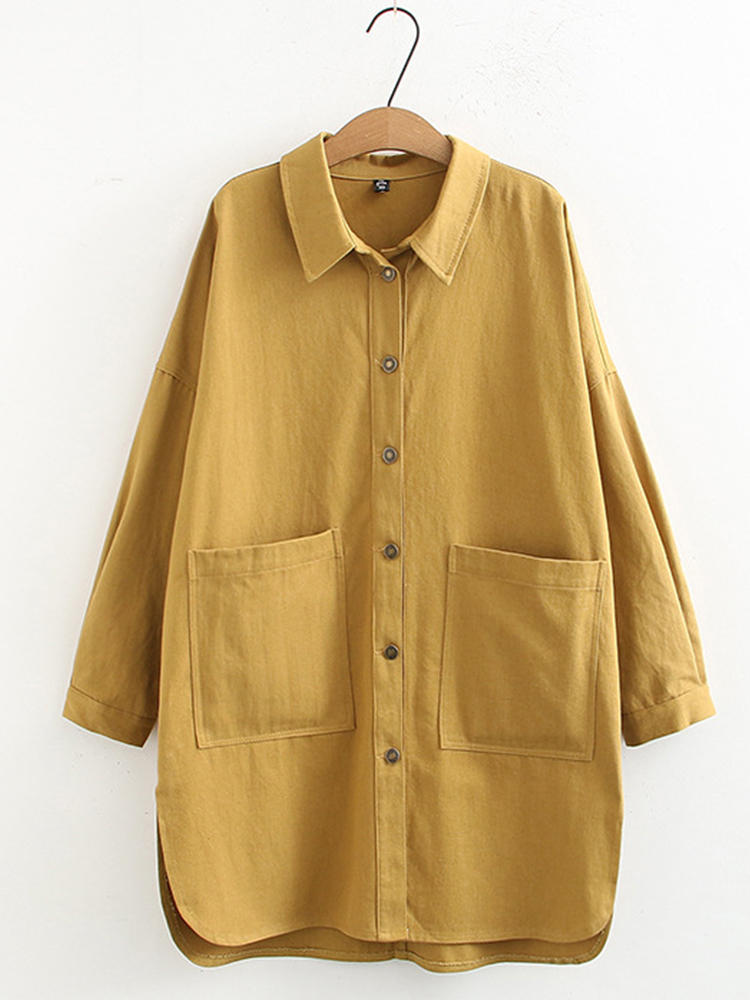 Solid Color Lapel Split Hem Thick Shirts with Pockets