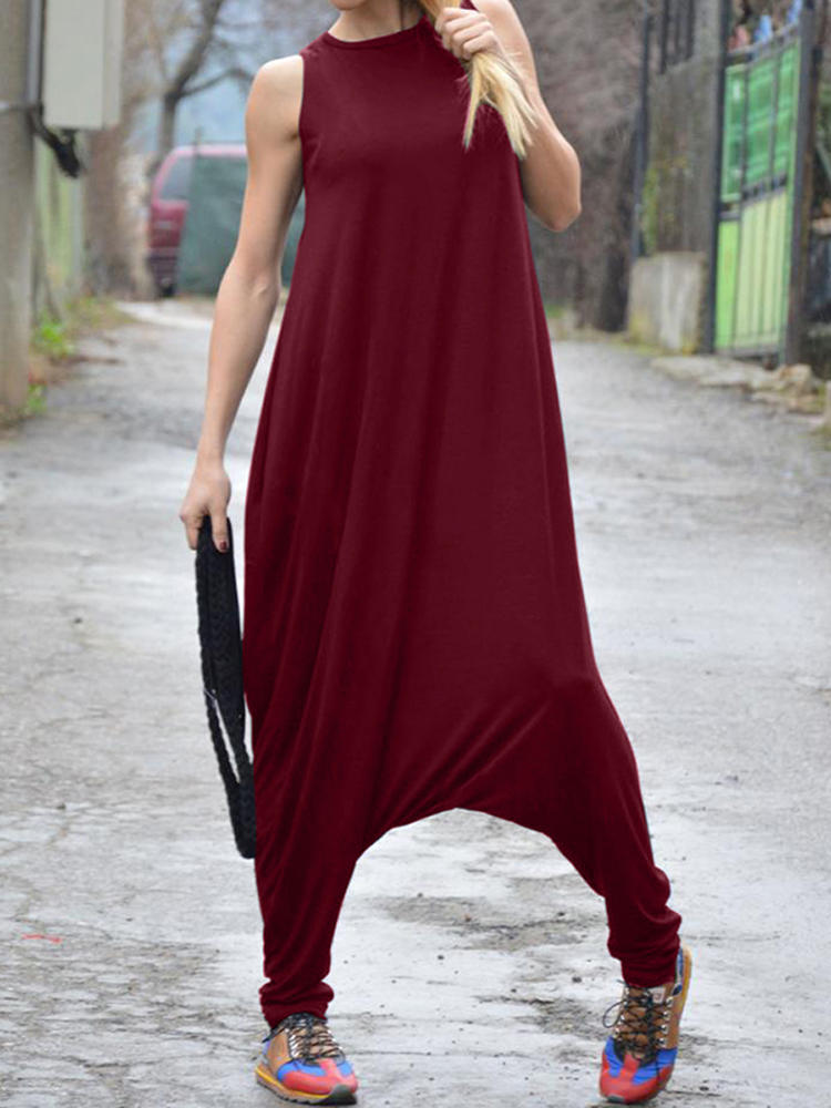Womens Sleeveless O Neck Casual Loose Jumpsuit Overalls