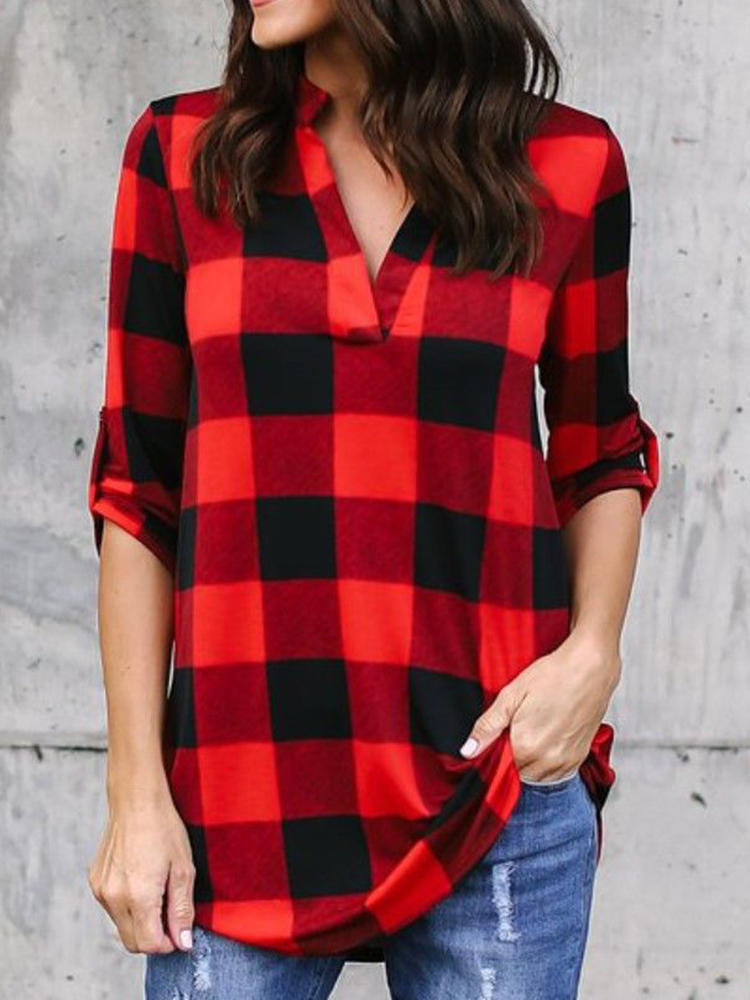 Casual Women Plaid V-neck Long Adjustable Sleeve Blouse