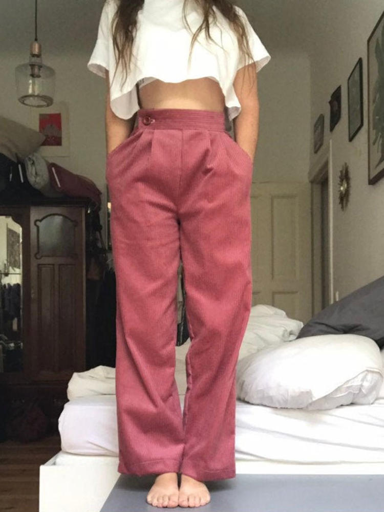 Corduroy Button Solid Casual Pants