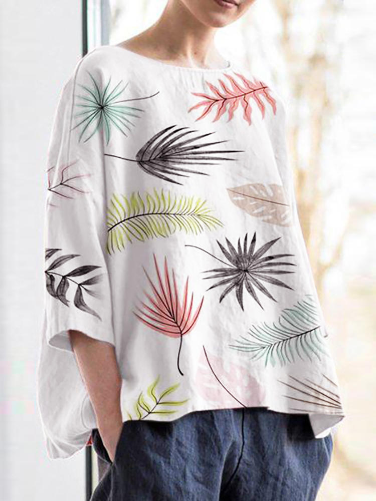 S-5XL Vintage Floral Print Crew Neck 3/4 Sleeve Blouse