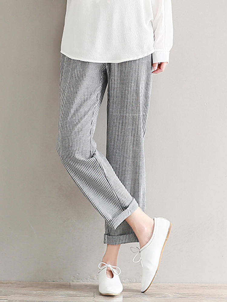 Striped Casual Elastic High Waist Women Pants
