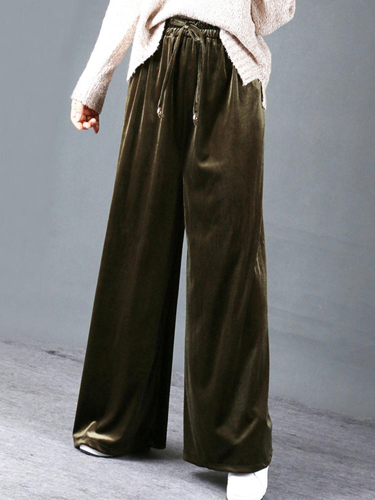 Casual Women High Elastic Waist Loose Velvet Wide Leg Pants