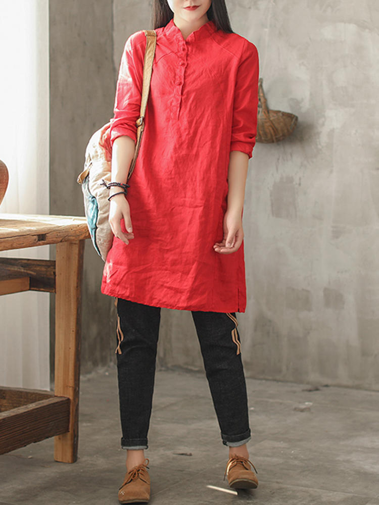 Vintage Women Stand Collar Pure Color Blouses