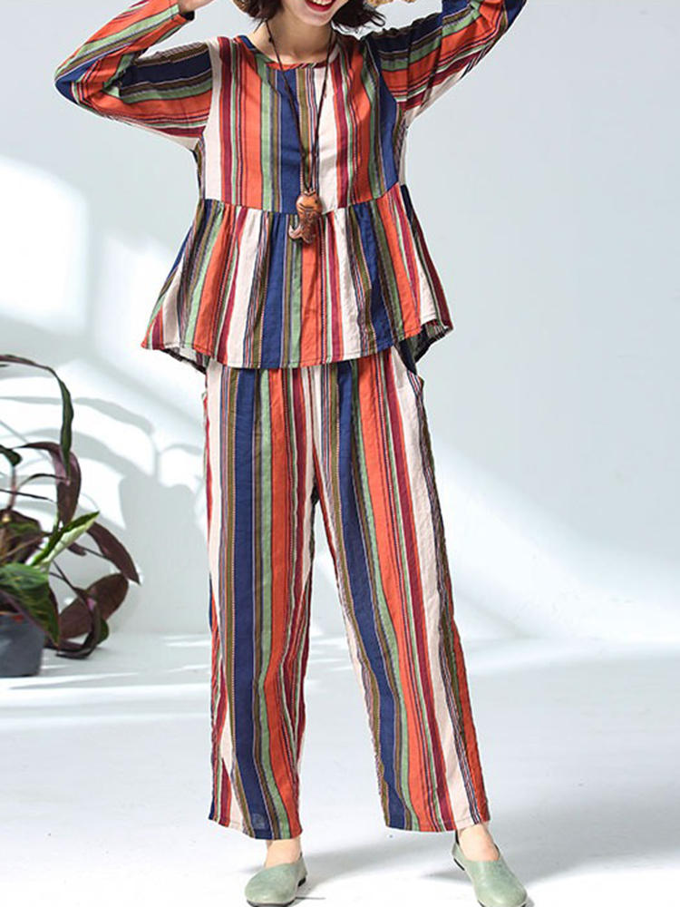 Women Casual Cotton Linen Striped Tops+Pants Set