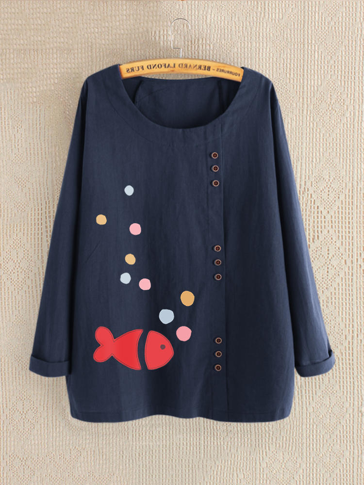 Print Cartoon Fish Long Sleeve Button Autumn T-Shirts
