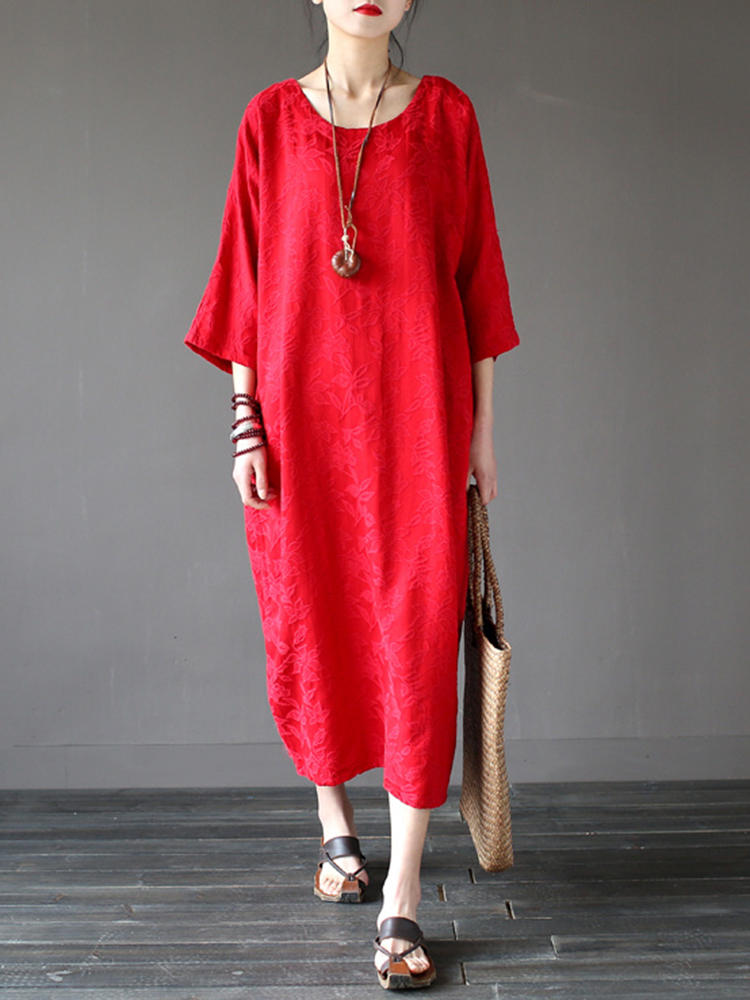 Women Vintage Jacquard Half Sleeve Back Split Maxi Dresses
