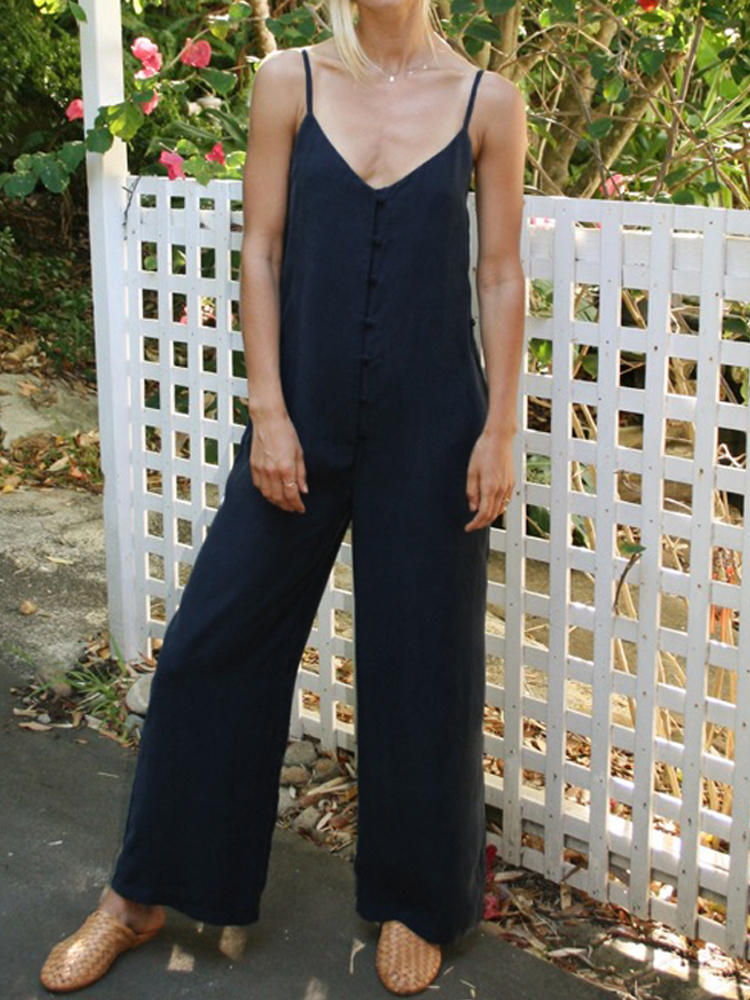 Solid Color Sleeveless Straps Loose Casual Wide Leg Jumpsuit Ove
