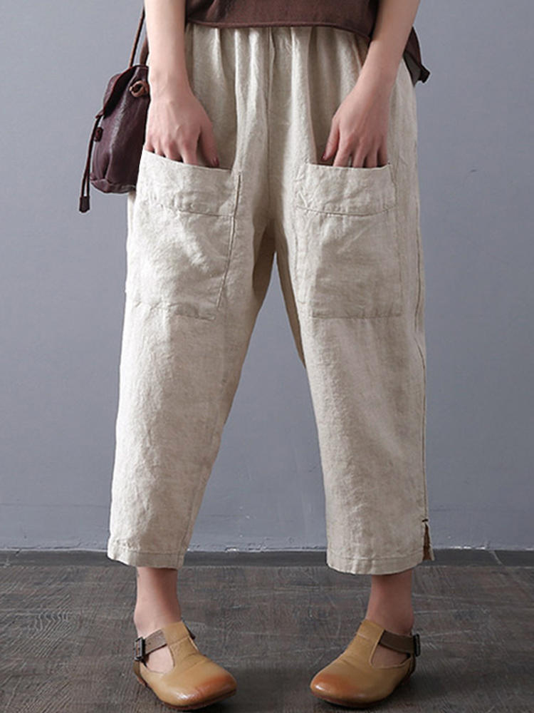 Women Retro Pockets Elastic Waist Casual Loose Pants