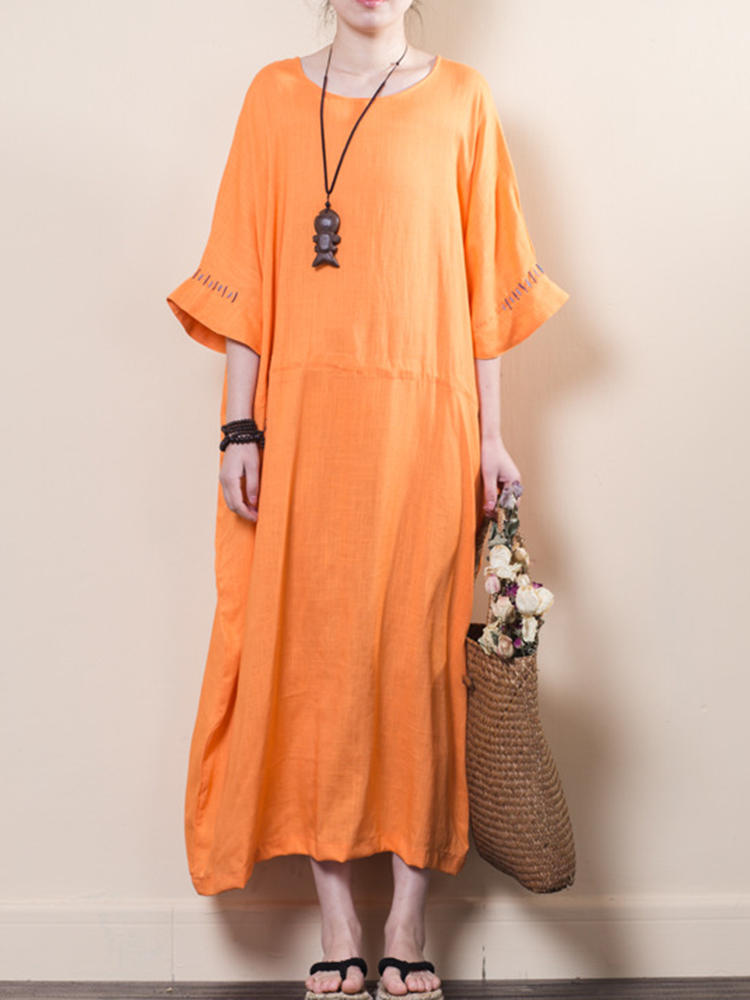 Vintage Women O-neck Loose Baggy Half Sleeve Dress