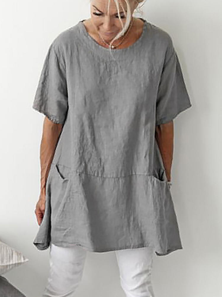 Solid Color Short Sleeve Crew Neck Pocket Daily Casual Cotton Bl