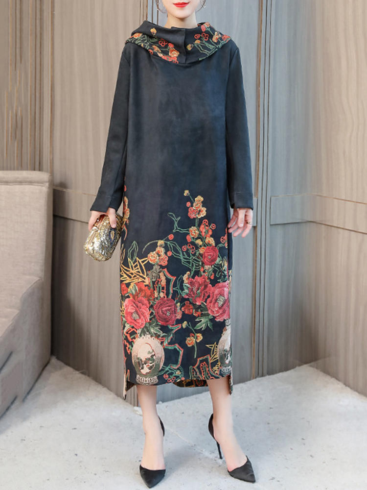 Vintage Floral Print High Collar Hooded Long Sleeve Dress
