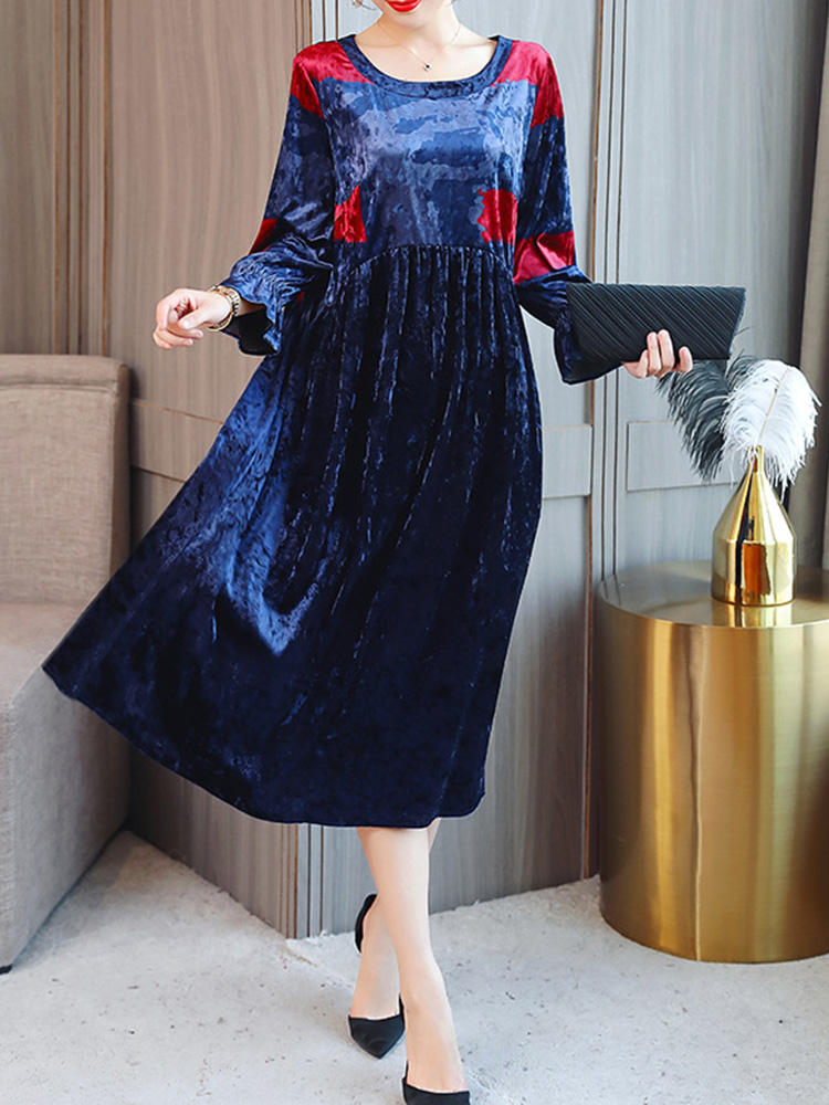 Women Floral Print O-neck Autumn Winter 3/4 Sleeve Velvet Dress