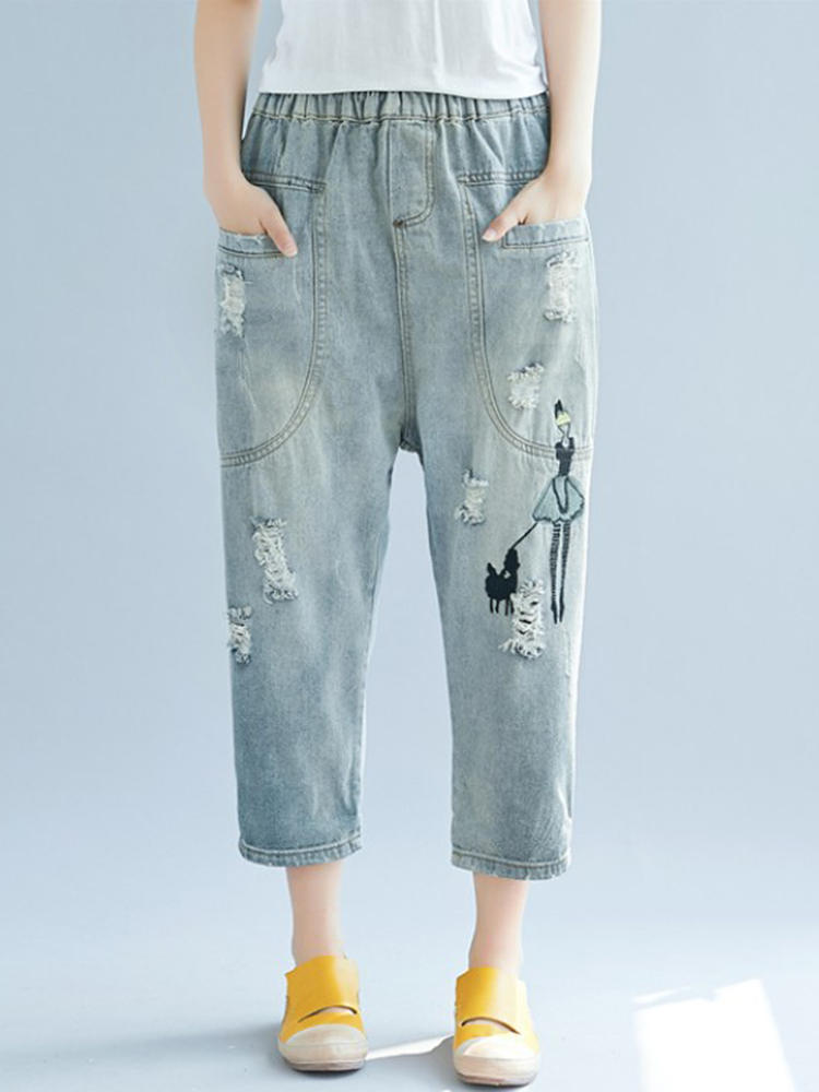 Drop Crotch Holes Loose Casual Jeans Capris
