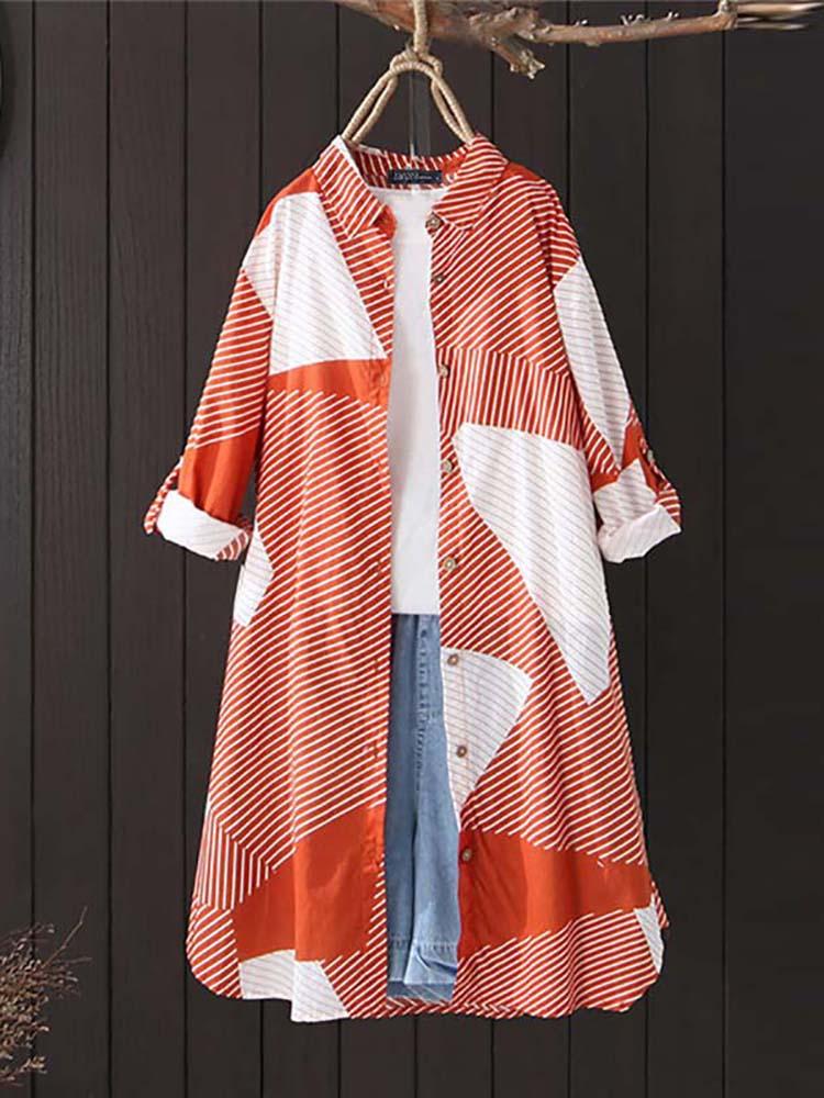 Women Long Sleeve Turn-down Collar Autumn Print Blouse