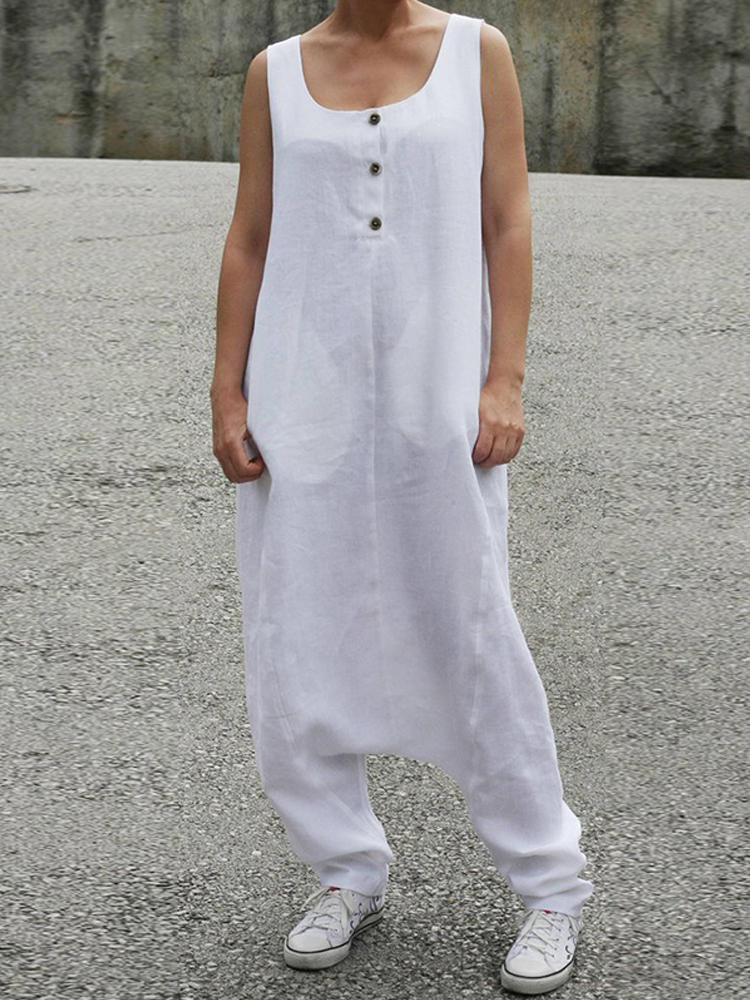 Women Sleeveless Solid Color Long Button Jumpsuit Overalls