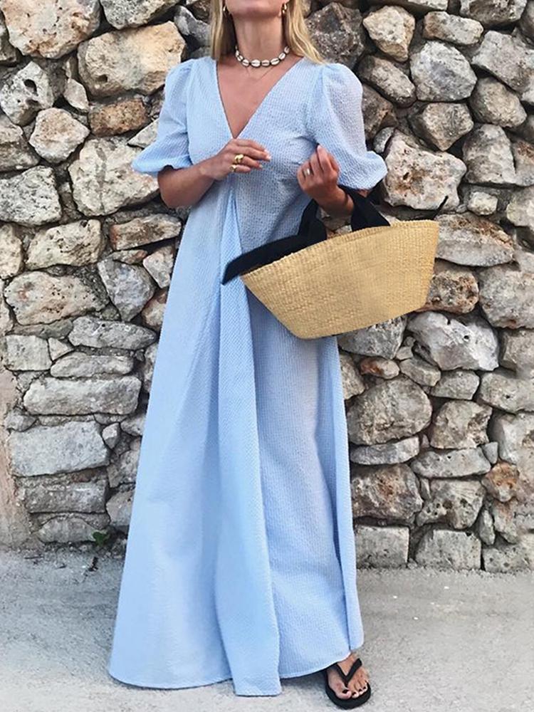 Women V-Neck Holiday Beach Sundress A-Line Pleated Maxi Dress