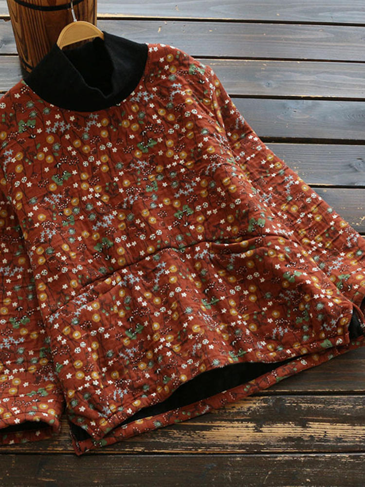 Women Vintage Floral Print Thicken Long Sleeve Blouse