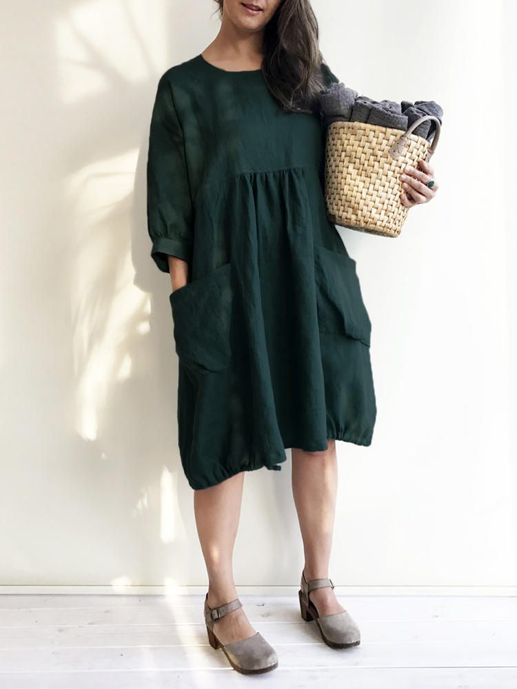 Women Casual Solid Color Loose Cotton Shirt Dress with Pockets