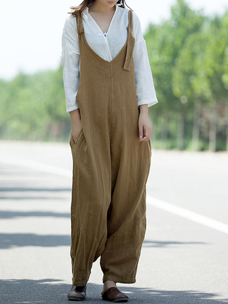 M-5XL Women Sleeveless Strap Loose Baggy Solid Overalls Jumpsuit