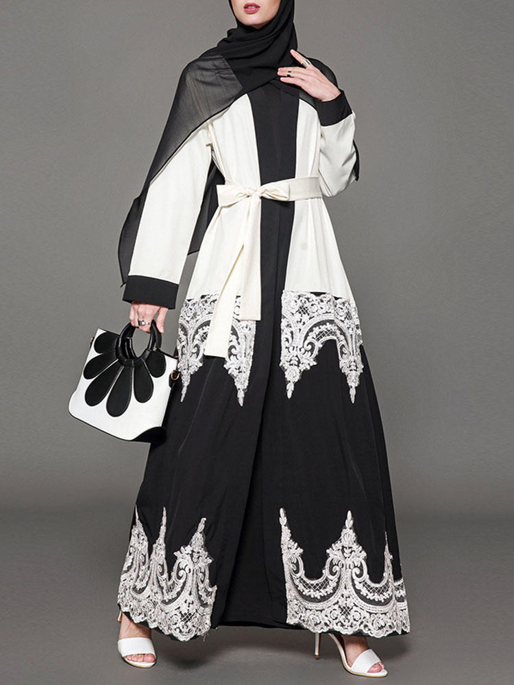 S-5XL Women Lace Hollow Loose Robe Dress with Belt