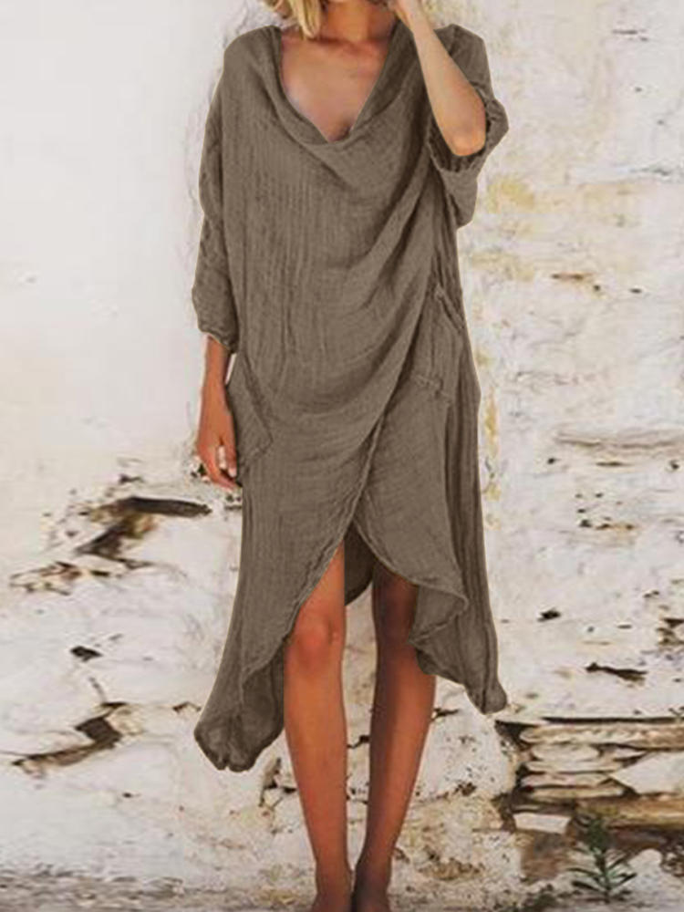 Women Cowl Neck Pure Color Irregular Hem 3/4 Sleeve Dress